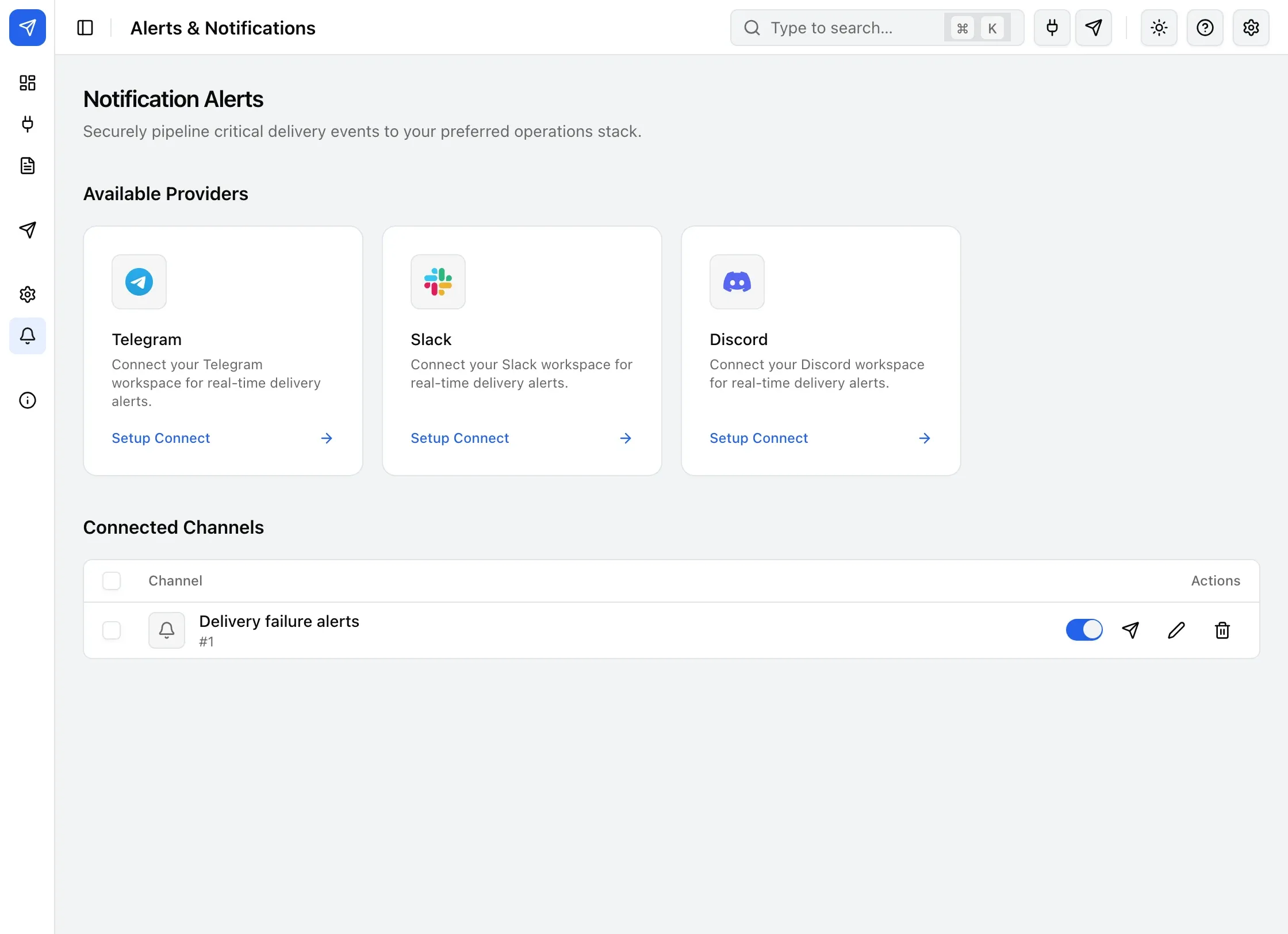 The Alerts screen: the Telegram, Slack and Discord provider cards, and a connected channel listed below.