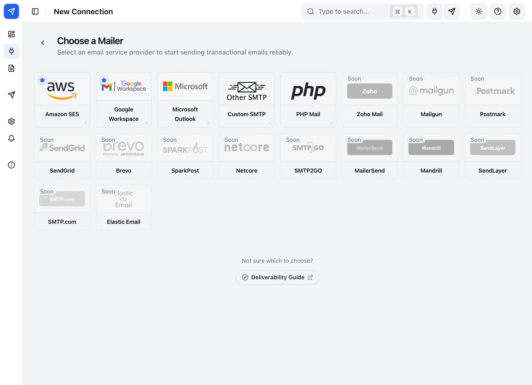 The Choose a Mailer screen in BooleanSMTP, with Amazon SES, Google Workspace, Microsoft Outlook, Custom SMTP and PHP Mail selectable and the other providers marked Soon.