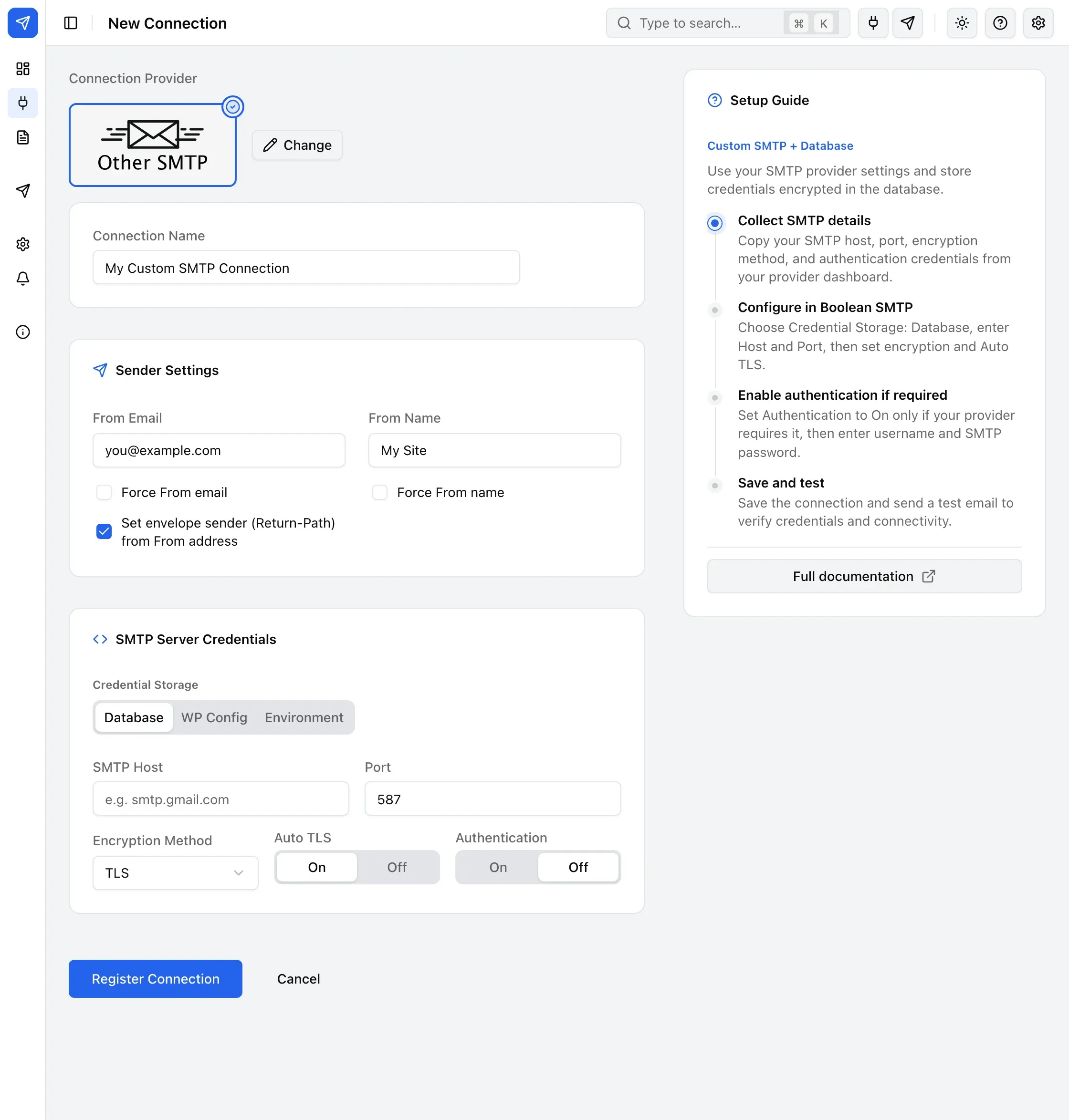 The Custom SMTP connection form, with Host, Port, Encryption Method, Auto TLS and Authentication fields.