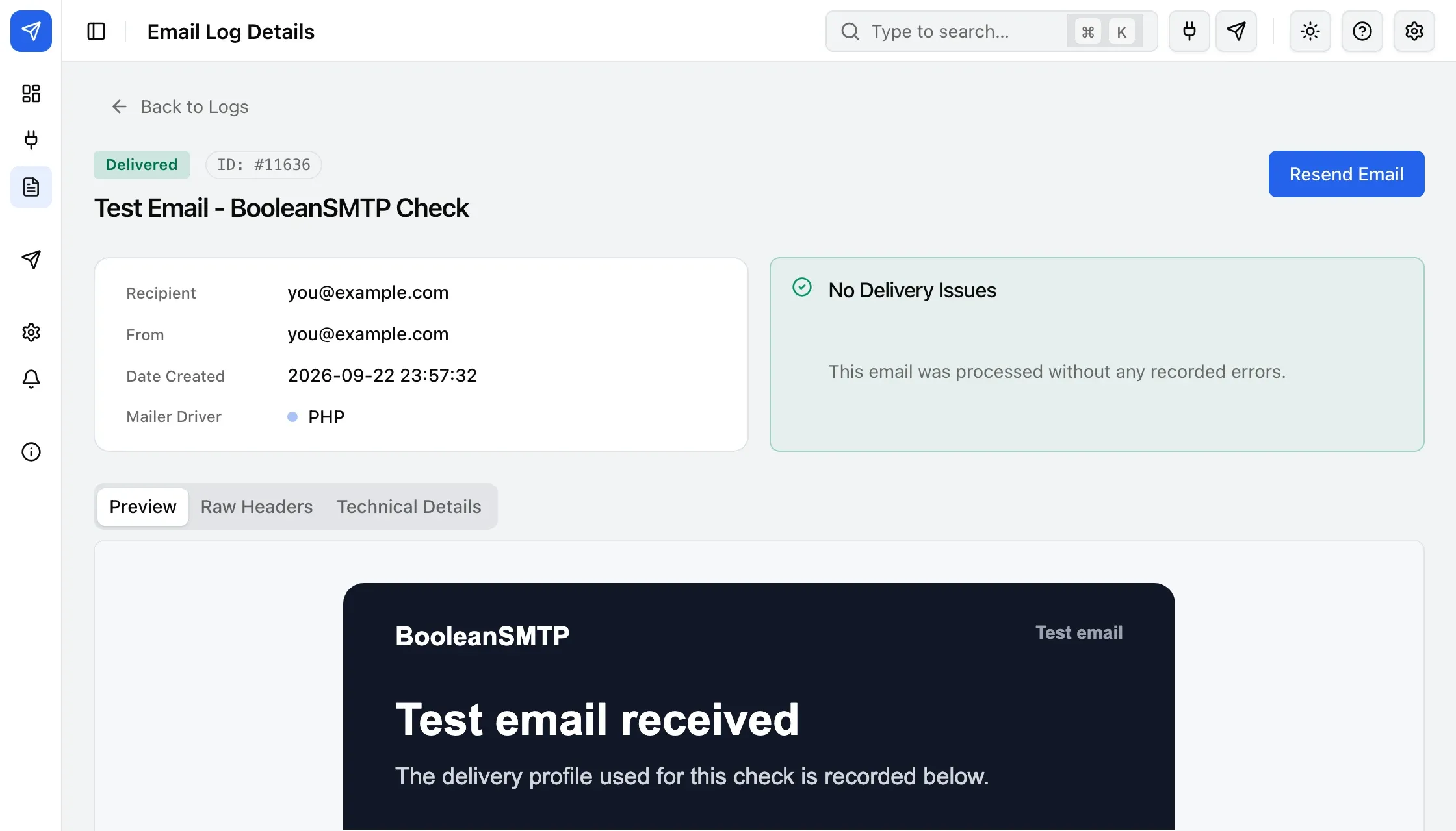 An email log’s detail page: status, recipient, From address, date, mailer driver, and the Resend Email button.