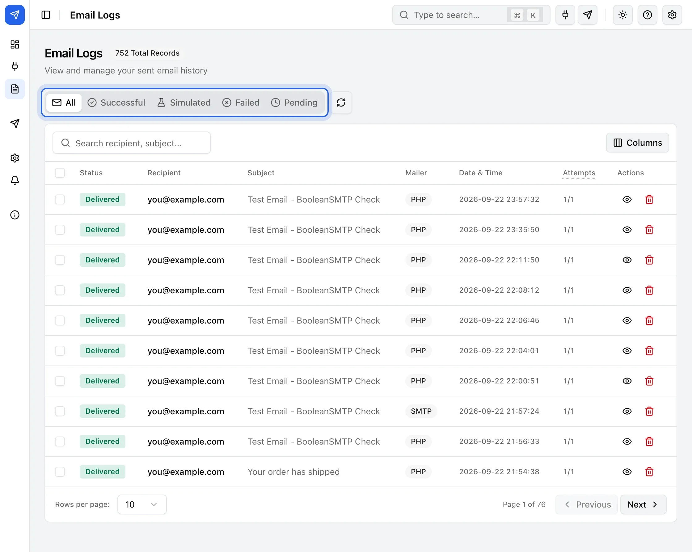 The Email Logs screen: status tabs, the search box, and the list of sent emails with their status, recipient, subject and mailer.