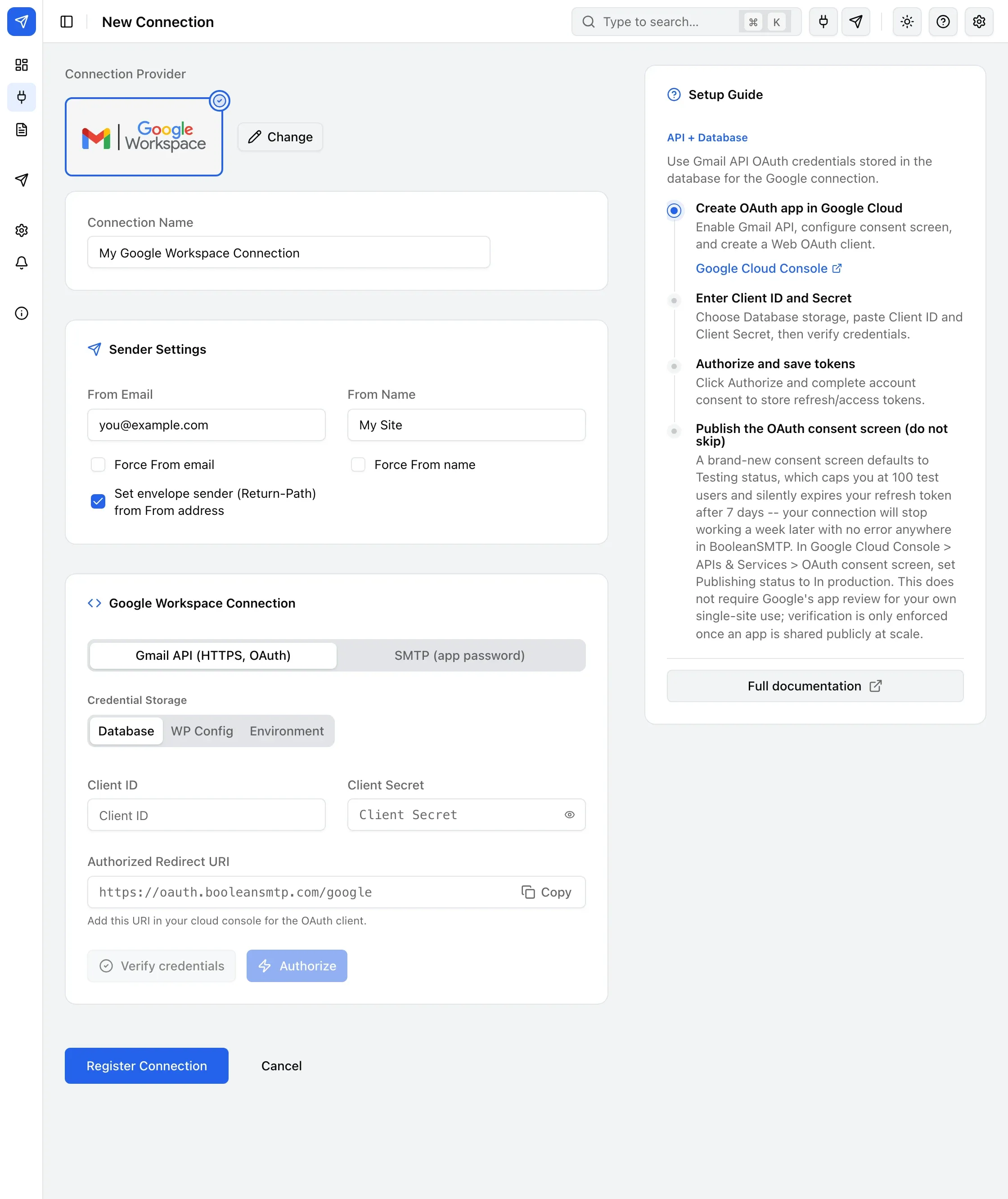 The Google Workspace connection form in Gmail API mode, with Client ID, Client Secret and Authorized Redirect URI fields, and the Authorize button.