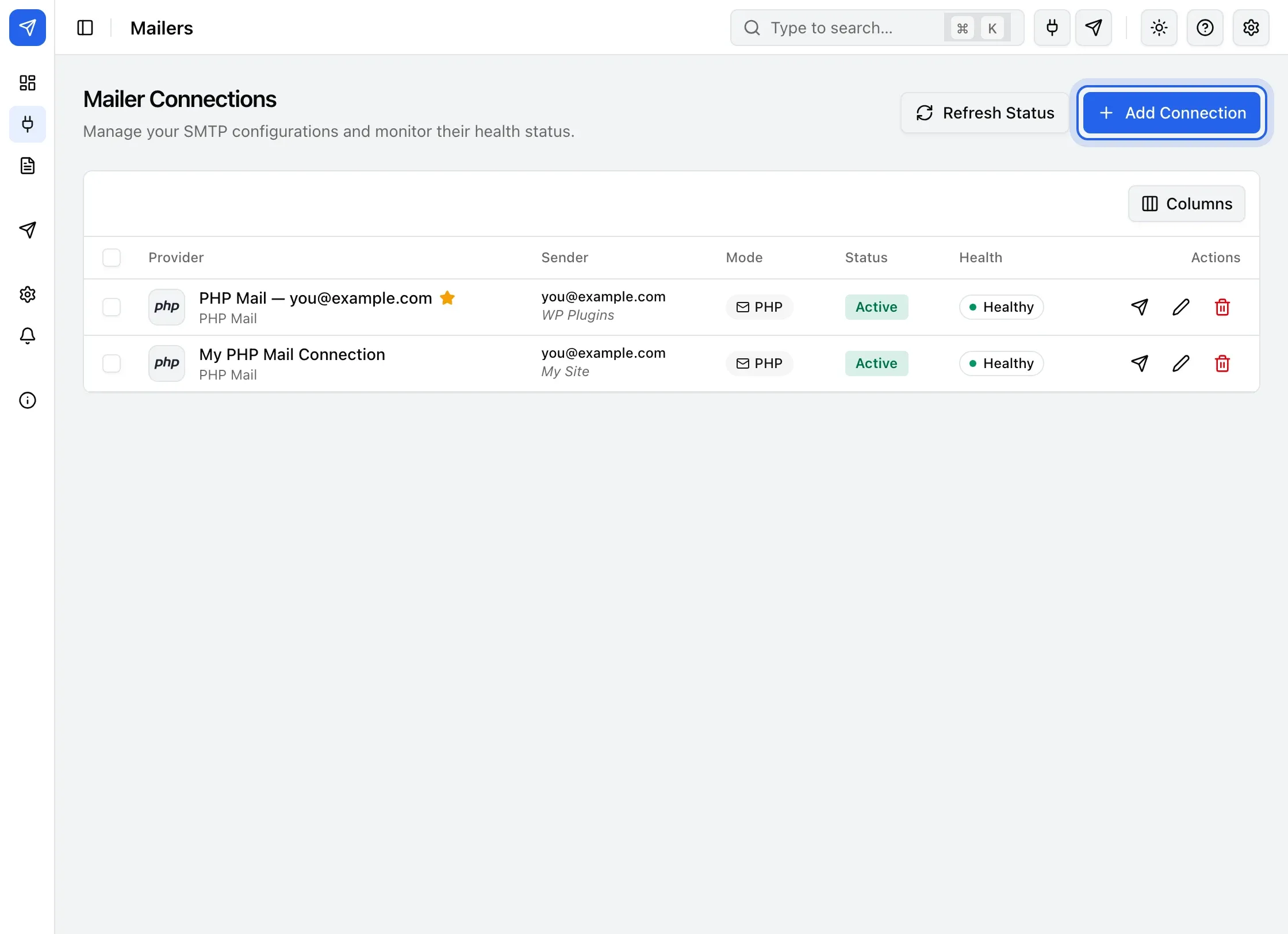 The Mailer Connections list in BooleanSMTP, with the Add Connection button and the Provider, Sender, Mode, Status, Health and Actions columns.