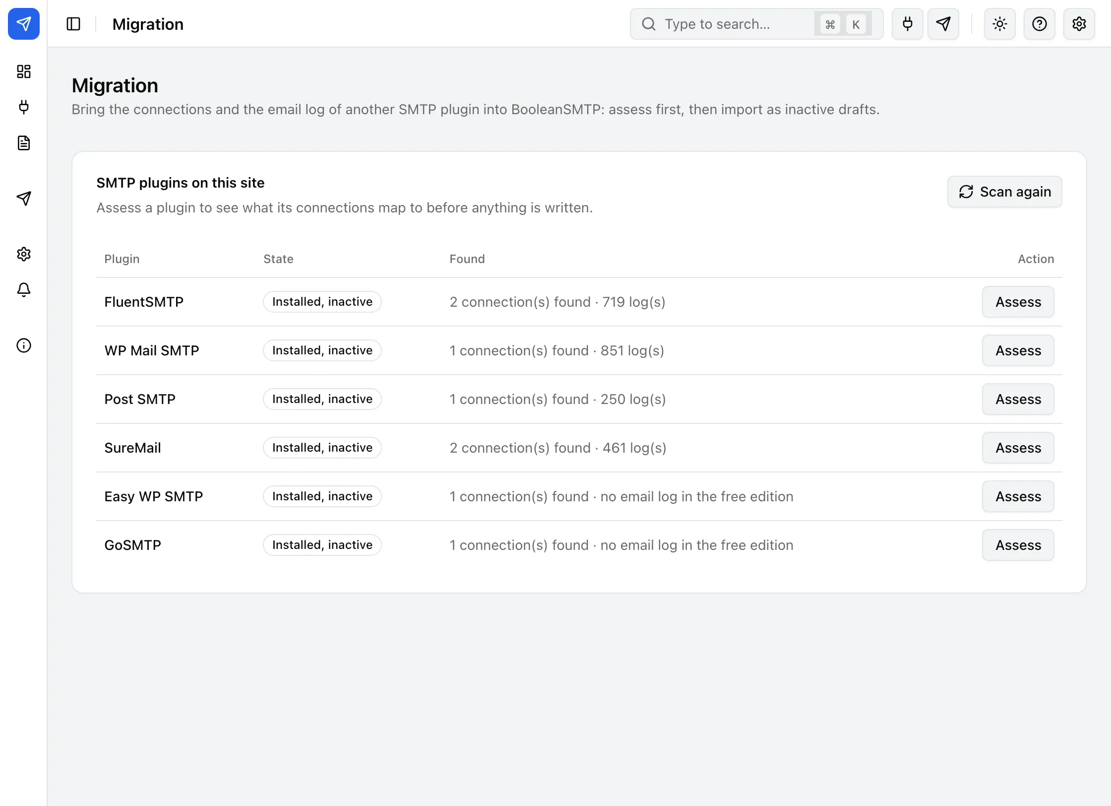 The Migration screen listing the SMTP plugins found on the site — FluentSMTP, WP Mail SMTP, Post SMTP, SureMail, Easy WP SMTP and GoSMTP — each with an Assess action.