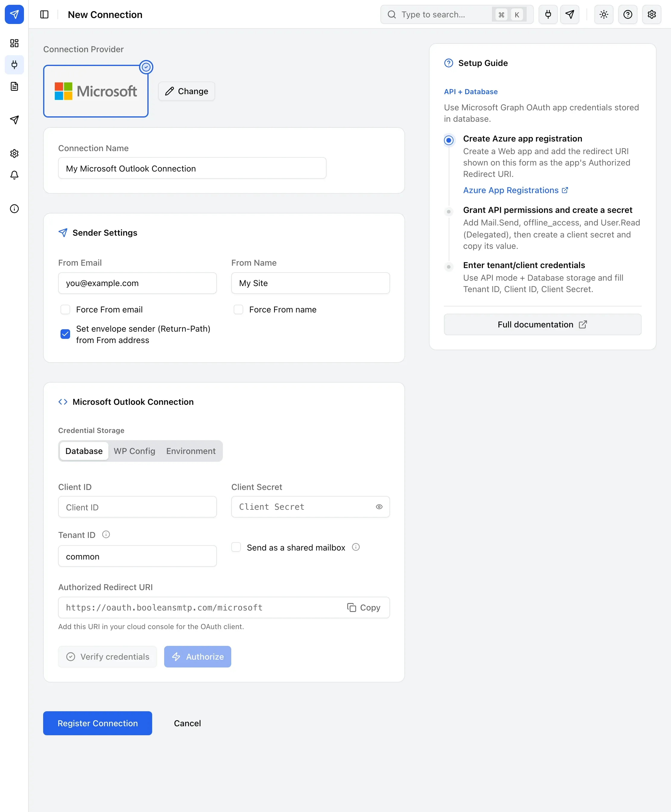 The Microsoft Outlook connection form, with Client ID, Client Secret, Tenant ID and Send as a shared mailbox fields, and the Authorize button.