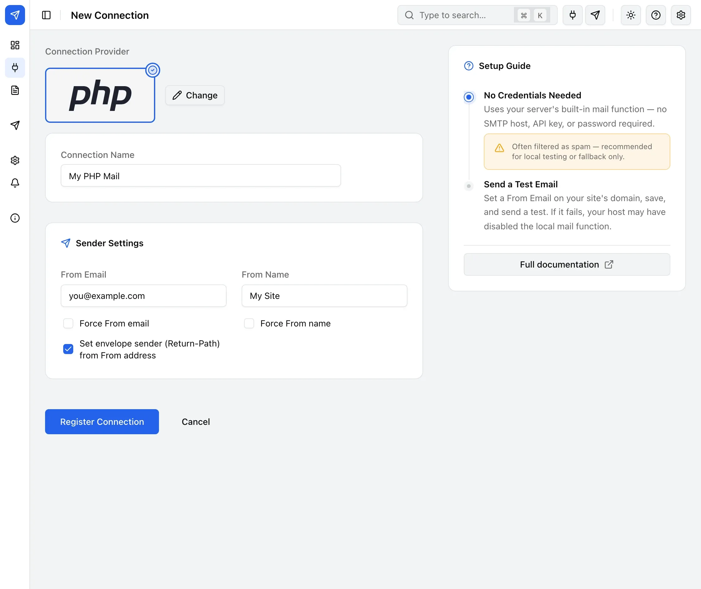 The PHP Mail connection form, with only Connection Name and Sender Settings fields — no credentials needed.