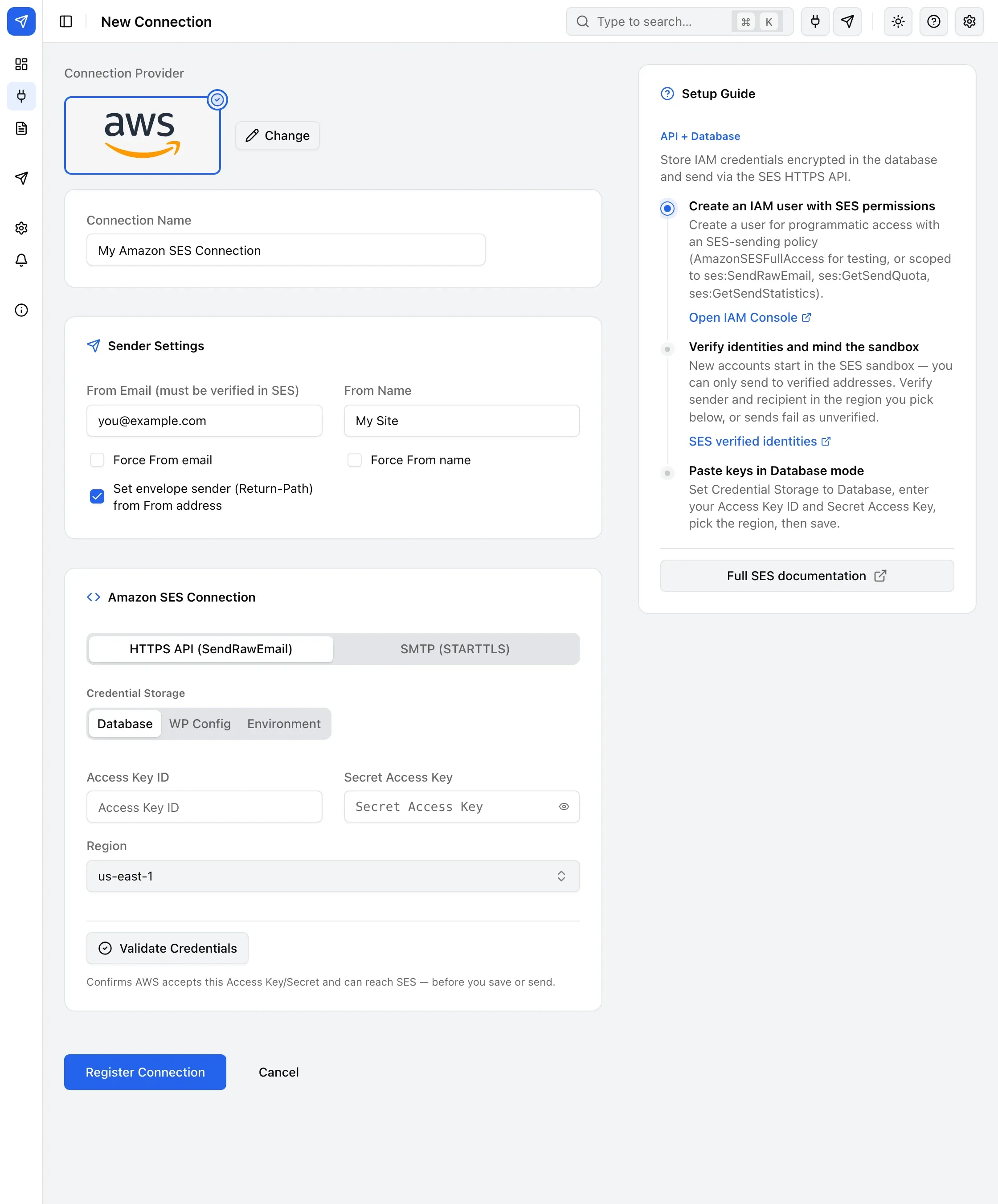 The Amazon SES connection form in HTTPS API mode, with Access Key ID, Secret Access Key and Region fields.