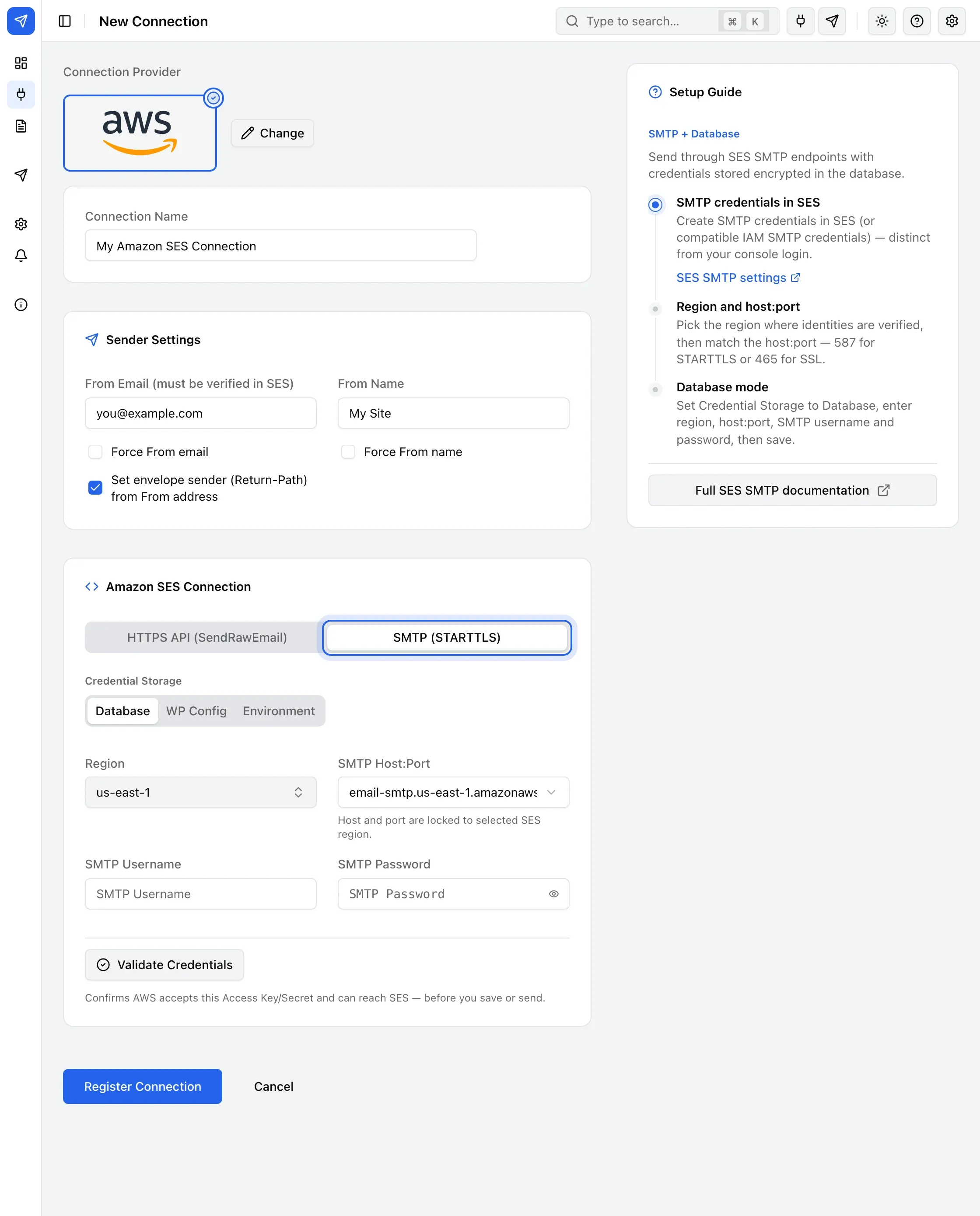 The Amazon SES connection form in SMTP mode, with Region, SMTP Host, SMTP Username and SMTP Password fields.