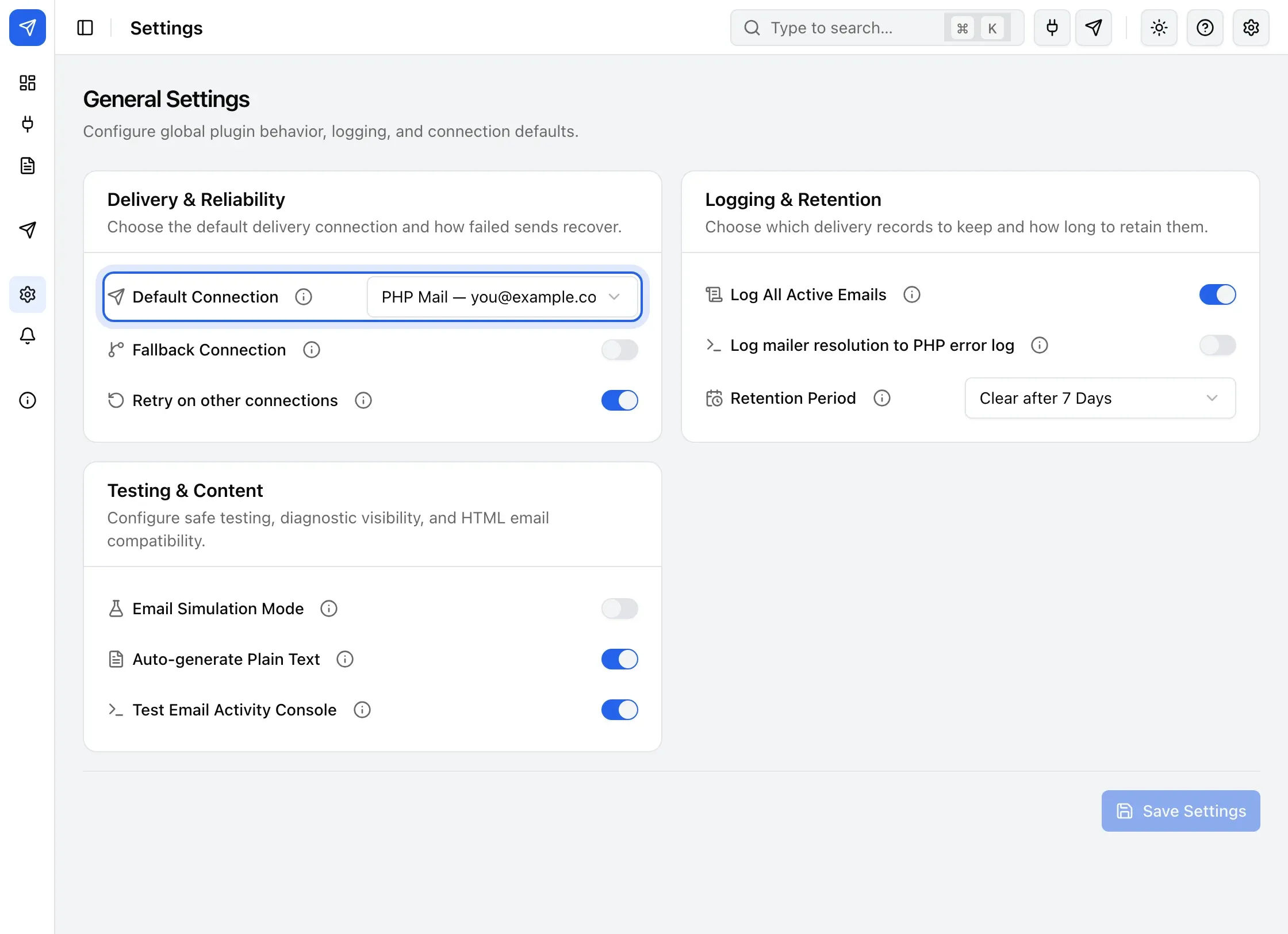 The Default Connection field on the Settings screen, set to System Default (PHP Mail).