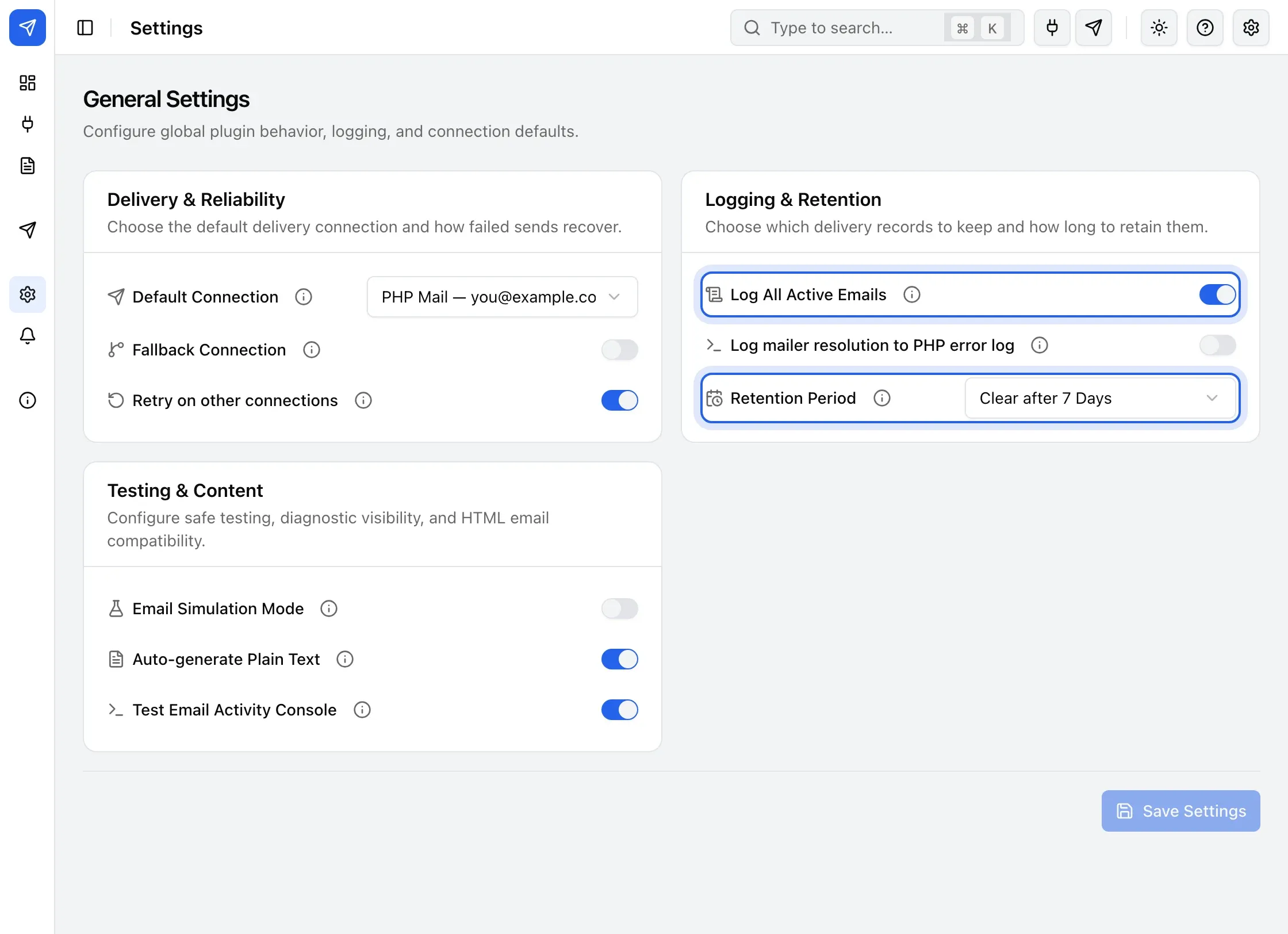 The Logging & Retention card, with Log All Active Emails and Retention Period highlighted.