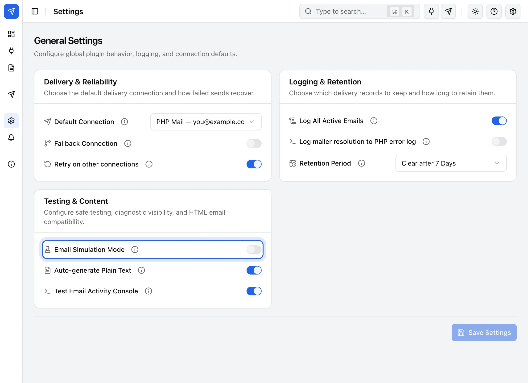 The Testing & Content card, with Email Simulation Mode highlighted.