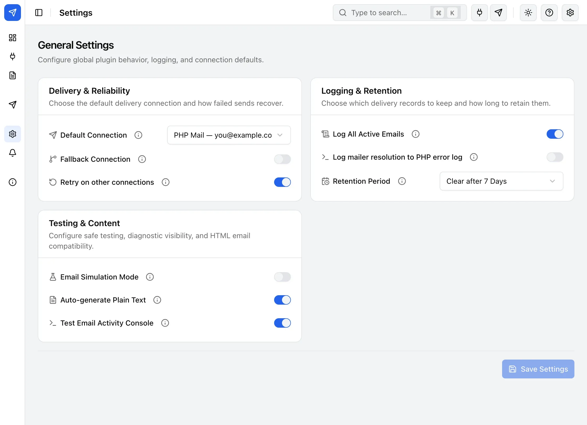 The Settings screen: the Delivery & Reliability, Logging & Retention and Testing & Content cards.