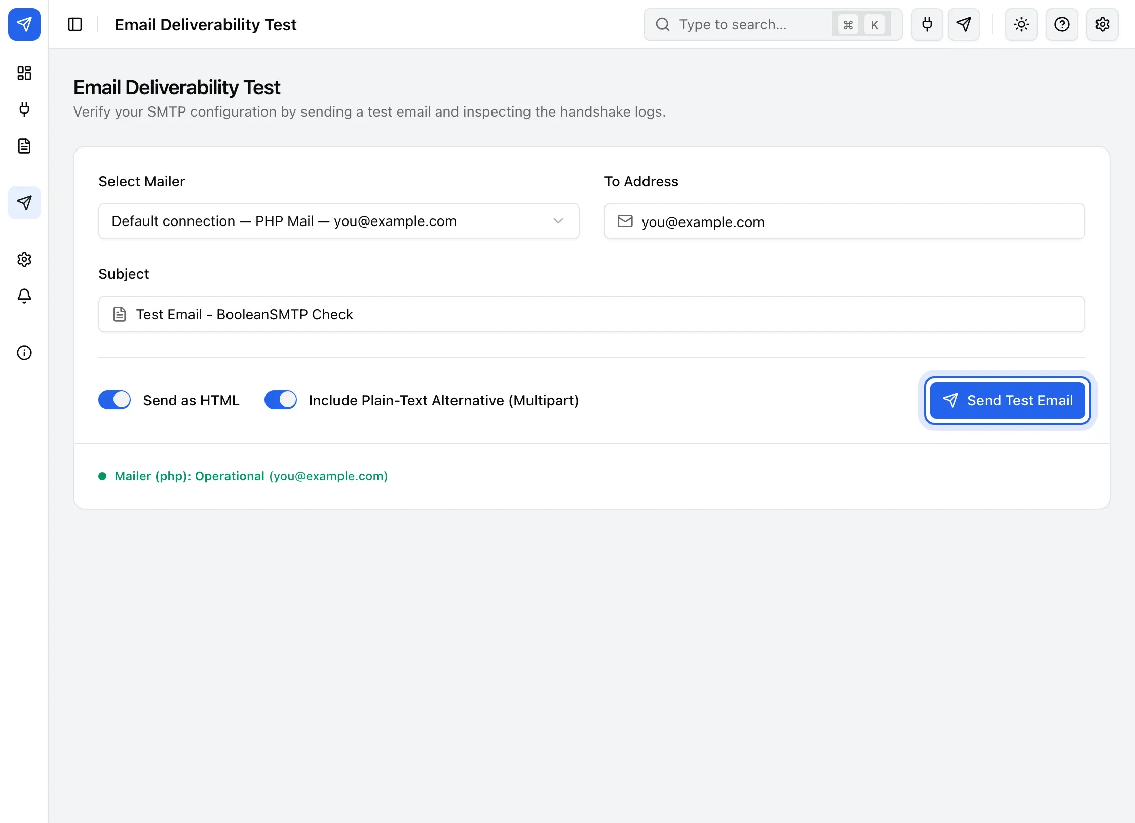 The Test Email screen: Select Mailer, To Address and Subject, with the Send Test Email button highlighted.