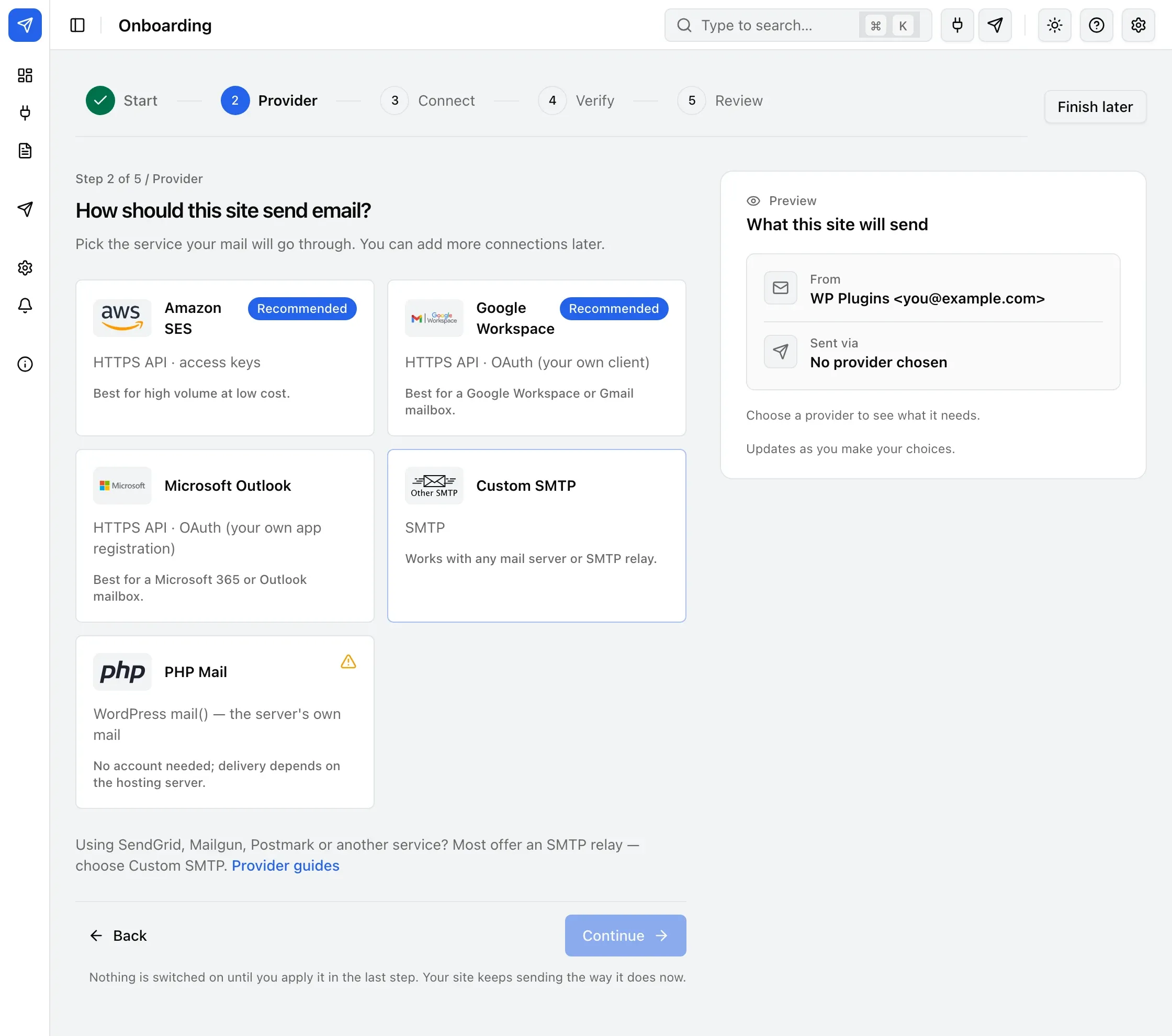 The wizard’s Provider step, with Amazon SES, Google Workspace, Microsoft Outlook, Custom SMTP and PHP Mail as choices.