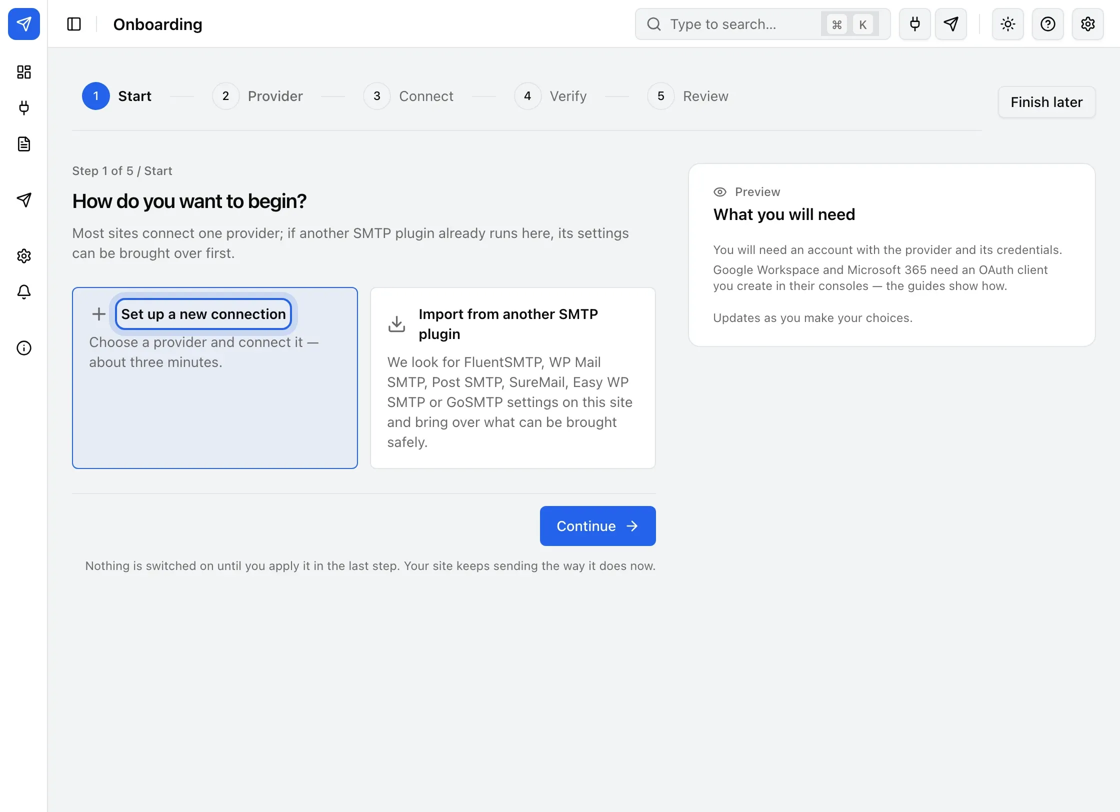 The wizard’s Start step, with Set up a new connection selected and Import from another SMTP plugin as the other choice.